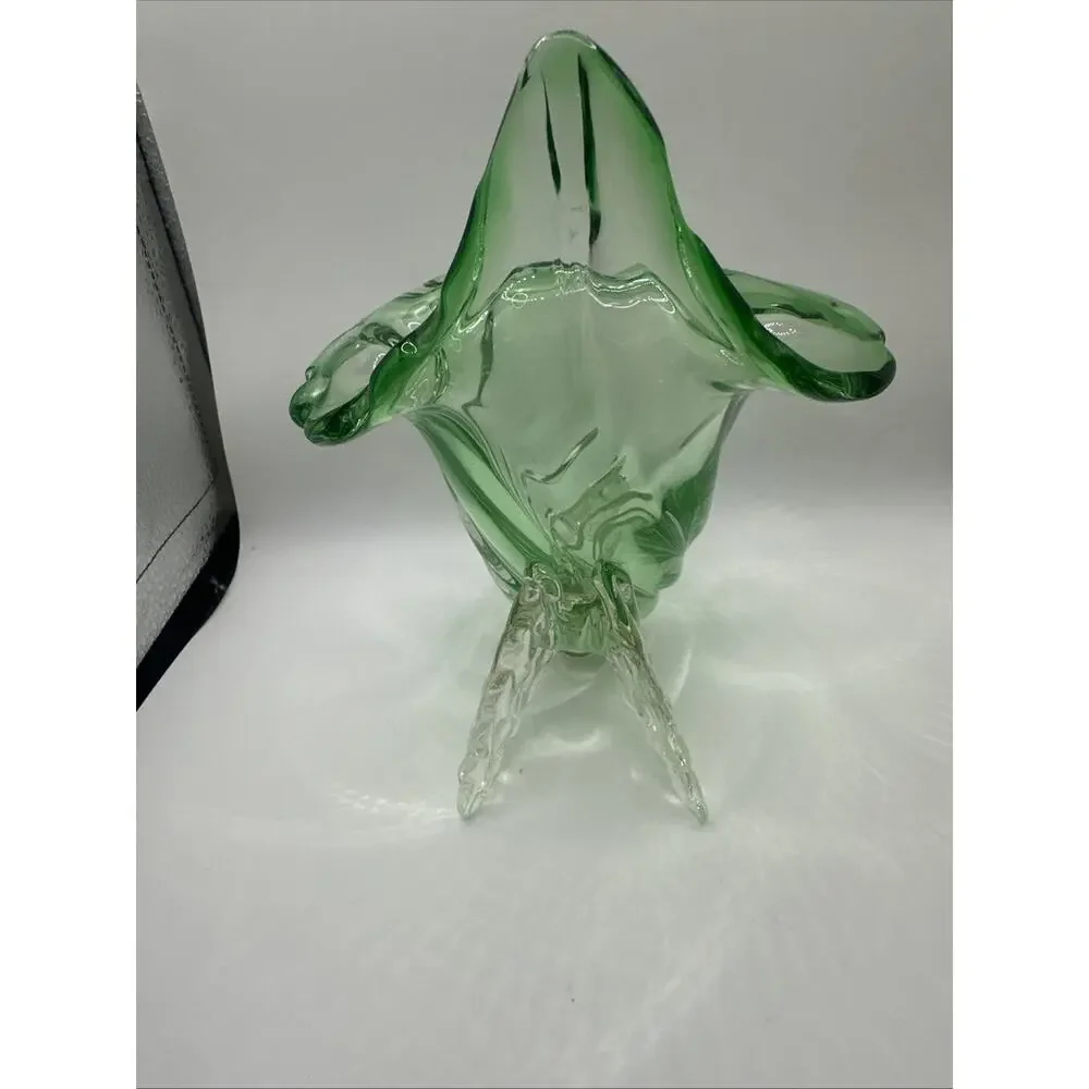 Vtg Murano Jack n Pulpit Green To Clear Blown Glass Upright Horn Vase-7